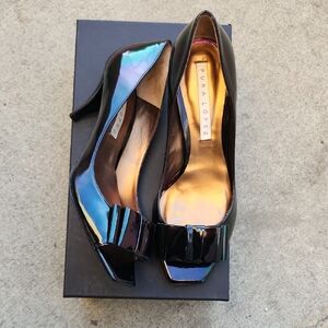 Pura Lopez Iridescent Black Patent Peep-Toe Pumps